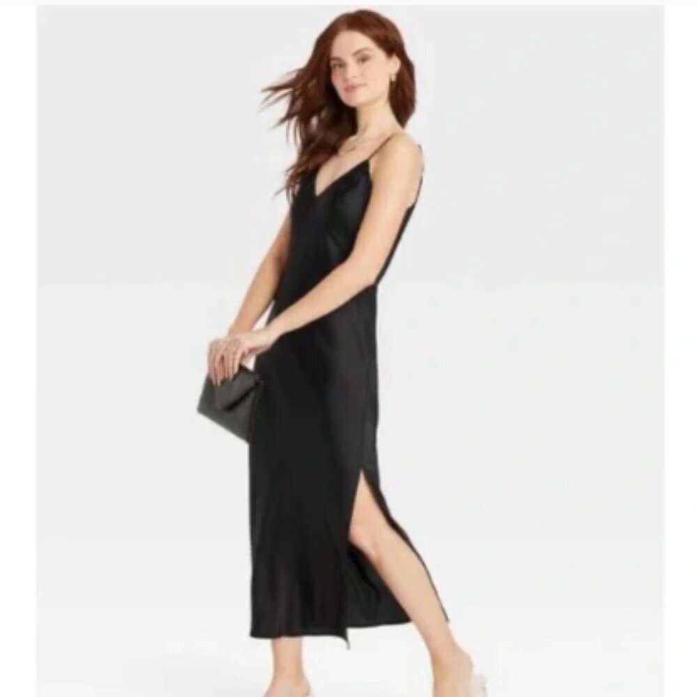 a new day Black Satin Midi Dress with adjustable straps 3X